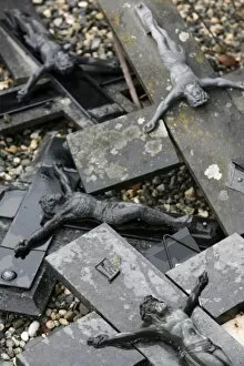 Broken crosses in a cemetery, Bossey, Haute Savoie, France, Europe