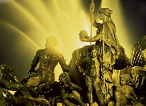 Flood Lit Prints: Bronze fountains, Monument to the Girondins, Bordeaux, Gironde, Aquitaine, France, Europe
