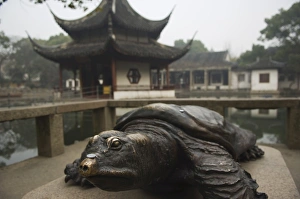 Images Dated 8th January 2008: A bronze terrapin statue and pagoda at West Garden Buddhist Temple, Suzhou