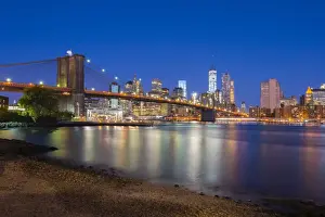 East River Prints: Brooklyn Bridge over East River, Lower Manhattan skyline, including Freedom Tower