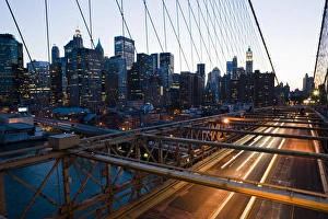 Tail Light Prints: Brooklyn Bridge in the evening, Manhattan, New York, United States of America