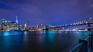 Brooklyn Bridge and Manhattan skyline at dusk, New York City, New York, United States of America