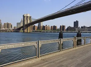 Brooklyn Bridge spanning the East River from Fulton Ferry Landing, Brooklyn