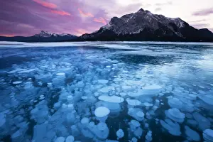 Alberta Prints: Bubbles and Cracks in the Ice with Mount Michener and Kista Peak in the Background at Sunrise