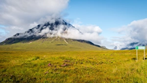 Glencoe Prints: Buchaille Etive Mor, Glencoe, with sign to Glen Etive, Highlands, Scotland, United Kingdom