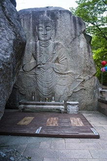 Korean Prints: Buddha carved in a rock cliff, Beopjusa Temple Complex, South Korea, Asia