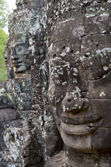 Traditionally Cambodian Prints: Buddha faces at Bayon, Angkor temples, Siem Reap, Cambodia, Southeast Asia
