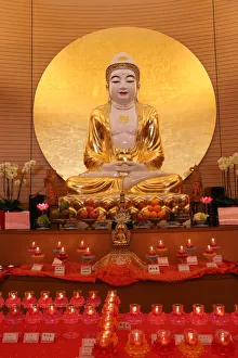 Religious Offering Prints: Buddha statue on main altar in Buddha Hall, Fo Guang Shan Temple, Geneva, Switzerland