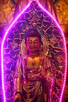 Building Interiors Prints: Buddha statue with neon light, Chua Thien Hung Buddhist Pagoda, Ho Chi Minh City, Vietnam