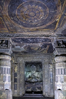 Meteorological Prints: Buddha statue and painting in the Ajanta Caves, UNESCO World Heritage Site, Maharashtra