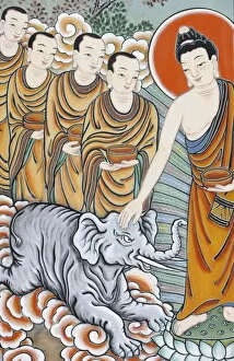 Images Dated 23rd July 2008: The Buddha taming an elephant, depicted in the Life of Buddha, Seoul, South Korea, Asia