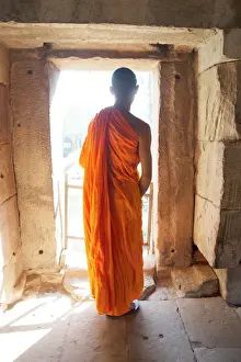 South East Asian Prints: A Buddhist monk exploring the Angkor Archaeological Complex, UNESCO World Heritage Site