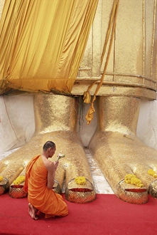 Clothes Prints: Buddhist monk kneeling in prayer at the feet of a statue