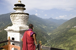 Clothes Prints: Buddhist monk looking over the Valley of the Puna Tsang River, Trongsa Dzong