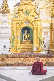 6th Century Prints: Buddhist monk praying at Shwedagon Pagoda (Shwedagon Zedi Daw) (Golden Pagoda)