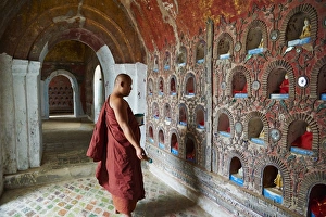 Traditionally Burmese Prints: Buddhist monk, Shweyanpyay monastery, Inle Lake, Shan State, Myanmar (Burma), Asia