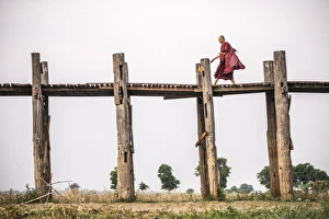 Mandalay Prints: Buddhist Monk on U Bein Teak Bridge, a 1. 2km wooden bridge, Mandalay, Mandalay Region