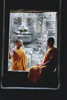 Bayon Prints: Buddhist monks at the Bayon temple, Angkor, UNESCO World Heritage Site
