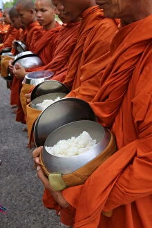 Celebration Gallery: Buddhist monks on morning alms round in Western Cambodia, Indochina, Southeast Asia, Asia