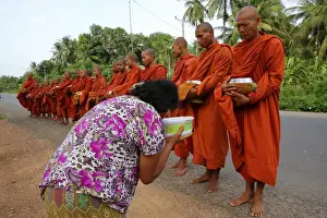 Buddhist monks on morning alms round in Western Cambodia, Indochina, Southeast Asia, Asia