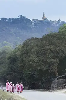 Robes Prints: Buddhist nuns in traditional robes with the stupas of Sagaing in the distance, Sagaing