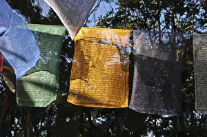 Fabric Prints: Buddhist prayer flags hanging near the Mahakal Buddhist Monastery, Observatory Hill