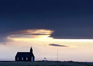 Budir Prints: Budir Church at sunrise, hamlet on Budir in Stadarsveit on the Snaefellsnes Peninsula