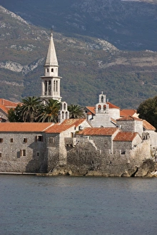 Budva Prints: Budva fortified old town on the Adriatic coast with the tower of St. Johns Church