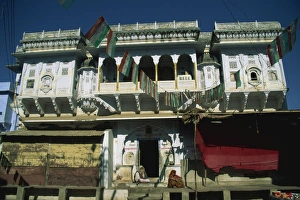 Balconies Prints: Building in the Main Bazaar, Pushkar, Rajasthan state, India, Asia