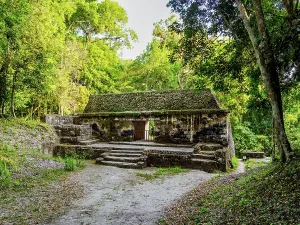 Causeway Prints: Building near Lake Causeway at Yaxha Archaeological Site in Guatemala with surrounding trees and pathways