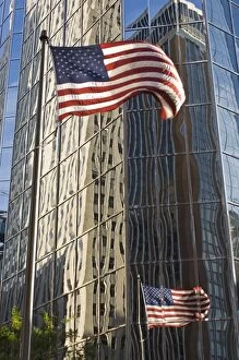 Building reflections and American flag, Oklahoma City, Oklahoma, United States of America