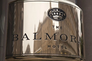 Princes Street Prints: Buildings reflected in the Balmoral Hotels name plate, Princes Street