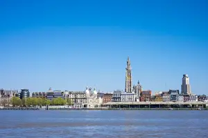 Flanders Prints: Buildings and skyline of historic center from the left bank of the Scheldt River
