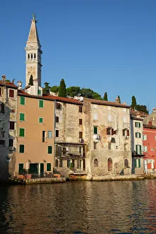 Buildings on the Waterfront and Tower of Church of St. Euphemia, Old Town, Rovinj, Croatia, Europe