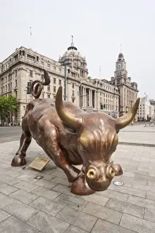 Clock Prints: The Bund Bull in front of the Shanghai Pudong Development Bank and Customs House