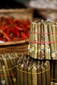 Images Dated 24th June 2010: Bundles of Burmese cigars, known locally as cheroot, for sale from a hill tribe vendor at