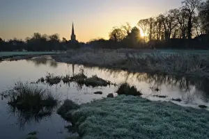 Steeple Prints: Burford church and River Windrush on frosty winter morning