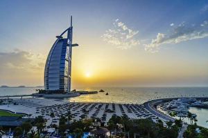 Jumeirah Beach Prints: Burj Al Arab, Jumeirah Beach at sunset, Dubai, United Arab Emirates, Middle East