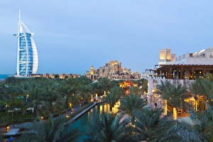 Artificial Prints: Burj Al Arab and Madinat Jumeirah Hotels at dusk, Dubai, United Arab Emirates