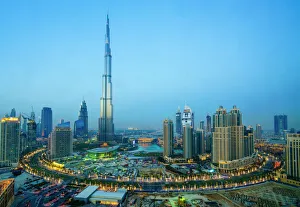 Downtown Prints: Burj Khalifa and Downtown Dubai at dusk, Dubai, United Arab Emirates, Middle East