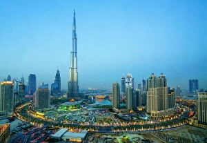 Skyline Gallery: Burj Khalifa and Downtown Dubai at dusk, Dubai, United Arab Emirates, Middle East