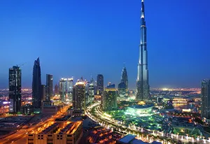 Downtown Prints: Burj Khalifa and Downtown Dubai at night, Dubai, United Arab Emirates, Middle East