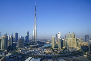 Typically Middle Eastern Prints: Burj Khalifa and surrounding Downtown skyscrapers, Dubai, United Arab Emirates, Middle