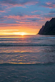 Senja Prints: Burning sky of midnight sun reflecting in the sea, Ersfjord, Senja, Troms county, Norway