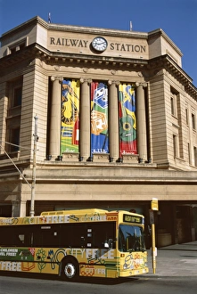 Buses Prints: Bus passing the railway station, Adelaide, South Australia, Australia, Pacific