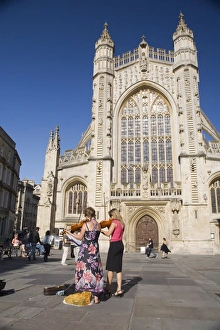 Melody Prints: Buskers in front of Bath Abbey, Bath, Avon, England, United Kingdom, Europe