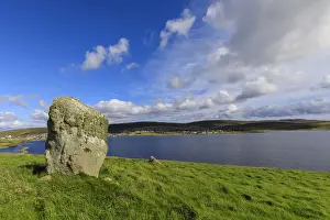 Prehistoric Era Prints: Busta Brae, Standing Stone, cloudscape and coastal views, beautiful day, Busta Voe