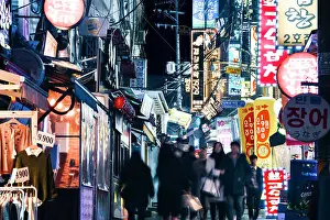 Seoul Prints: A bustling street scene at night in in Seoul's student district