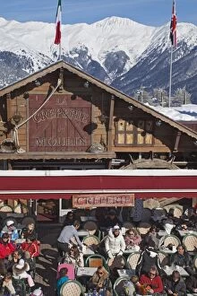Busy cafe in Courchevel 1850 ski resort in the Three Valleys (Les Trois Vallees)