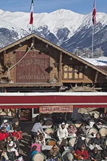 Savoie Prints: Busy cafe in Courchevel 1850 ski resort in the Three Valleys (Les Trois Vallees)